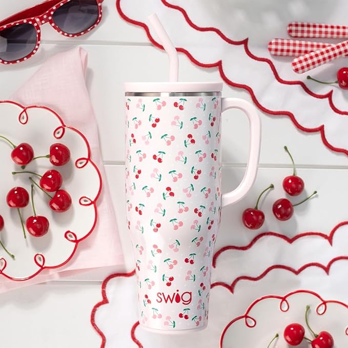 Swig Life 40oz Mega Mug, 40 oz Tumbler with Handle and Straw, Cup Holder Friendly, Dishwasher Safe, Lightweight Extra Large Insulated Tumbler, Stainless Steel (Cherry Pie)