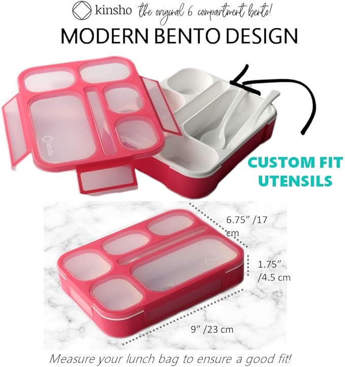 kinsho Lunch Boxes for Boys Teens Adults - Bento Box Set with Insulated Bag and Ice Pack, 6 Compartment Leak Proof Food Container, BPA-Free, Microwave Safe, Ideal for School & Work, Pink