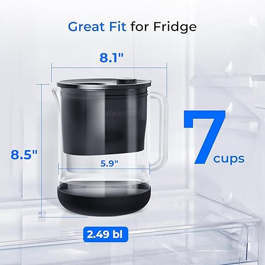 Waterdrop PT-72BL Glass Water Filter Pitcher, 7-Cup, Eco-Friendly, NSF/ANSI 53, 42 & 372 Certified Filter, Reduces PFOA/PFOS, Chlorine, Cadmium, Copper & Mercury, BPA-Free, Easy to Clean, Black