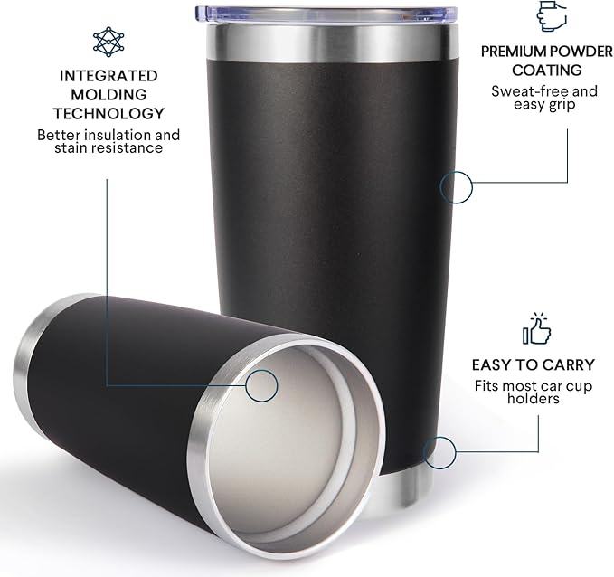Volhoply 20oz Stainless Steel Tumbler with Lid and Straw,Double Wall Insulated Travel Iced Coffee Mug Fits Car Cup holder,Powder Coated Cups for Hot and Cold Drinks,Gifts for Women Men（Black,1 Set）
