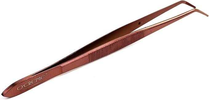 O'Creme Curved Tweezers 6.25 Inch Fine-Point Stainless Steel, Rose Gold