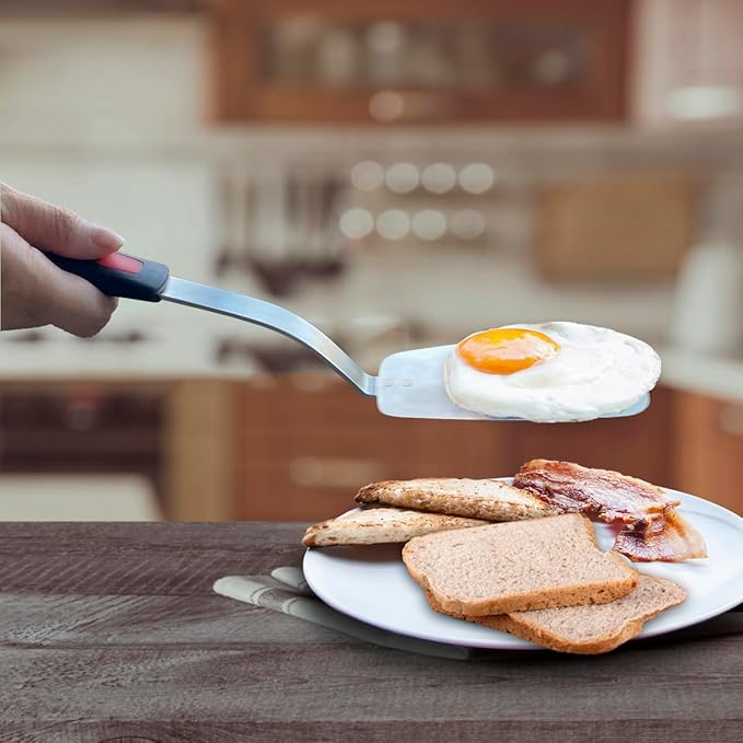 Stainless Steel Flexible Spatula Solid Turner, XiaoZu Thin Metal Spatula for Cast Iron Skillet, Thin Blade and Heat Resistant Silicone Handle, Great for Egg, Cookie, Meat, Crep, Medium + Large