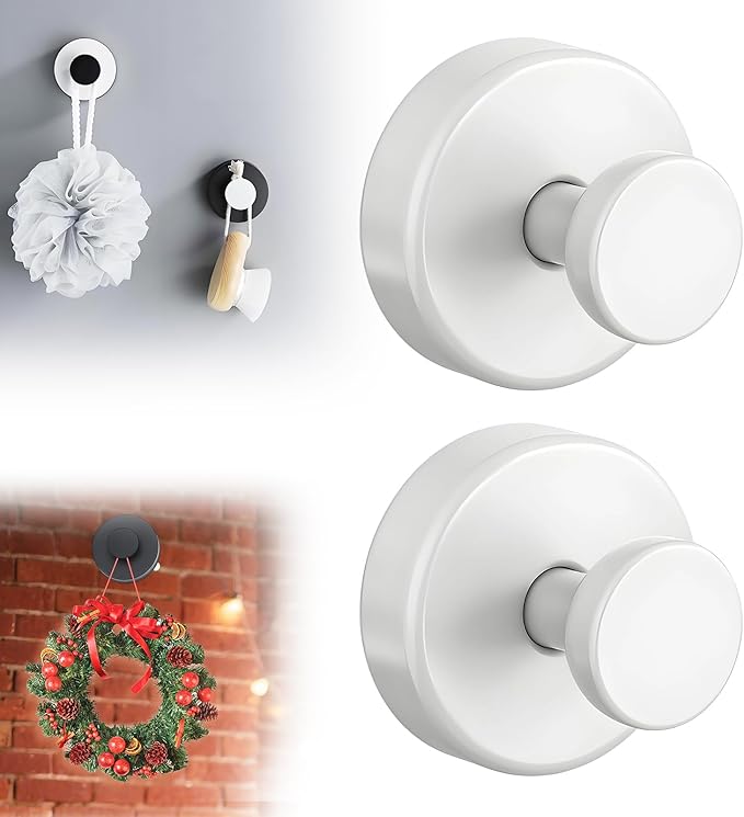 Suction Cup Hooks for Wreaths on Glass, 2025 New No Drill Suction Cup Hooks for Shower, Wreath Hanger Holder for Front Door, Upgraded Towel Hooks for Window Bathroom Mirrors (2, White)