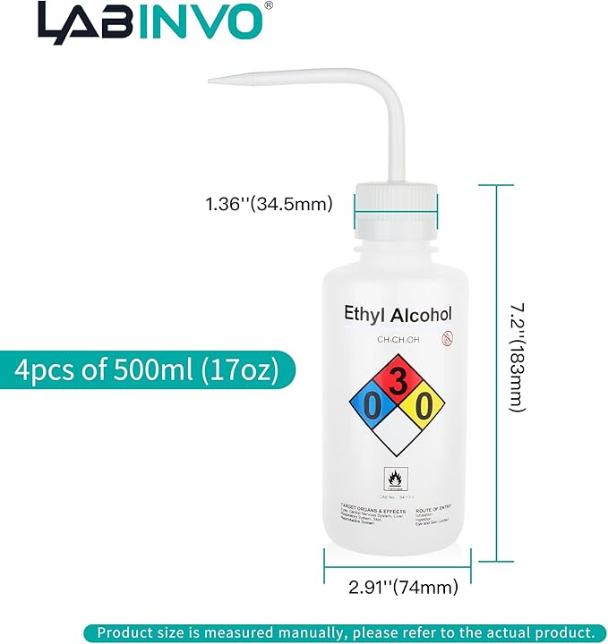 4PCS of Ethyl Alcohol Wash Bottles, Vol.500ml (17oz), Narrow Mouth, Self-Venting Safety Wash Bottle, LDPE Material, IN-WBE500