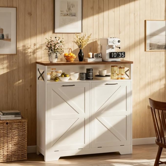 Double Tilt Out Trash Can Cabinet for 13*2 Gallon Garbage Can, Farmhouse Kitchen Garbage Trash Bin for Hidden Laundry Basket, Dual Dog Proof Recycling Cabinet for Bathroom, Living Room, White