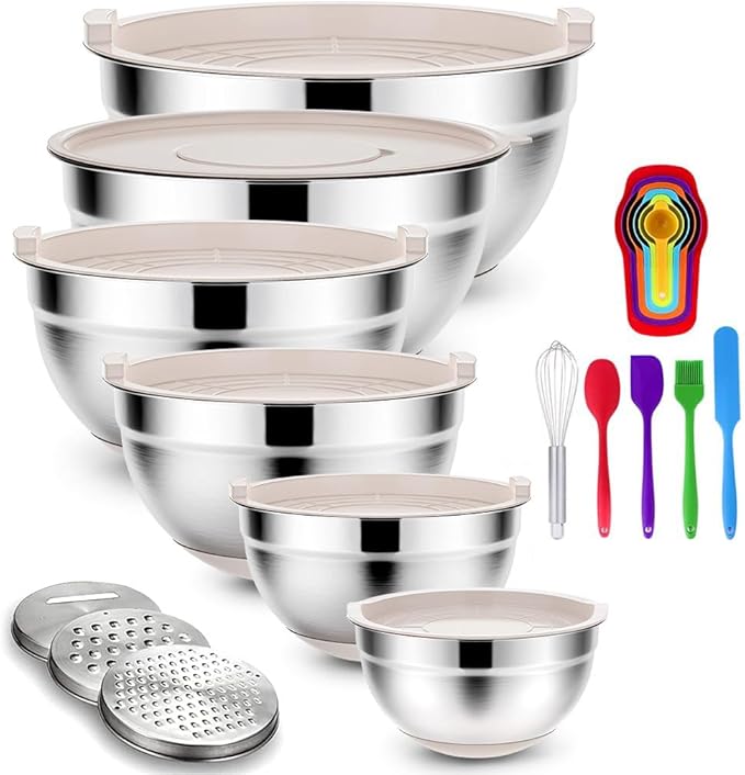 Rottay Mixing Bowls Set with Airtight Lids: 20PCS Stainless Steel Nesting Bowls - Size 7, 4, 3, 2, 1.5, 1QT Bowls with 3 Grater Attachments & Non-Slip Bottoms for Baking & Prepping