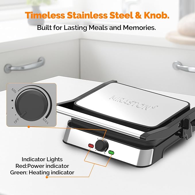 Electric Panini Press Grill and Sandwich Maker / 8.5" x 11" Non-Stick Coated Plates, Opens 180 Degrees to Fit Any Type or Size Food, Dishwasher Safe, Sliver