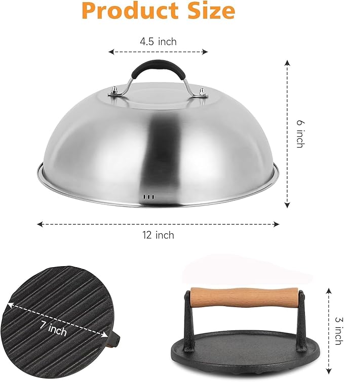 SHINESTAR Cast Iron Burger Press with 12-Inch Melting Dome for Blackstone Griddle, Smash Burger Press & Basting Cover Set, Flat Top Grill Accessories for Bacon, Cheese Melting, Indoor Outdoor Cooking