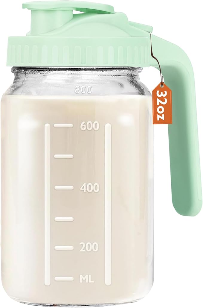 Mihlapi Breast Milk Pitcher, 32 OZ Mason Jar Pitcher with Lid Double Leak Proof,1 Quart Breastmilk Storage Containers for Fridge, Glass Jug for Sun Tea, Juice, Cold Brew Coffee