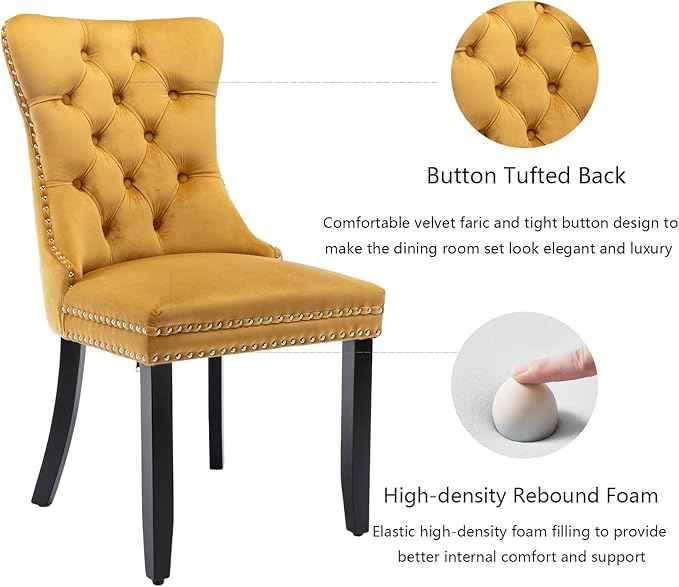 Velvet Dining Chairs Set of 2, Upholstered Dining Room Chairs with Back Ring Pull Trim and Solid Wood Legs,Tufted Wingback Kitchen Chair Perfect for Dining Room,Living Room,Kitchen(Gold)