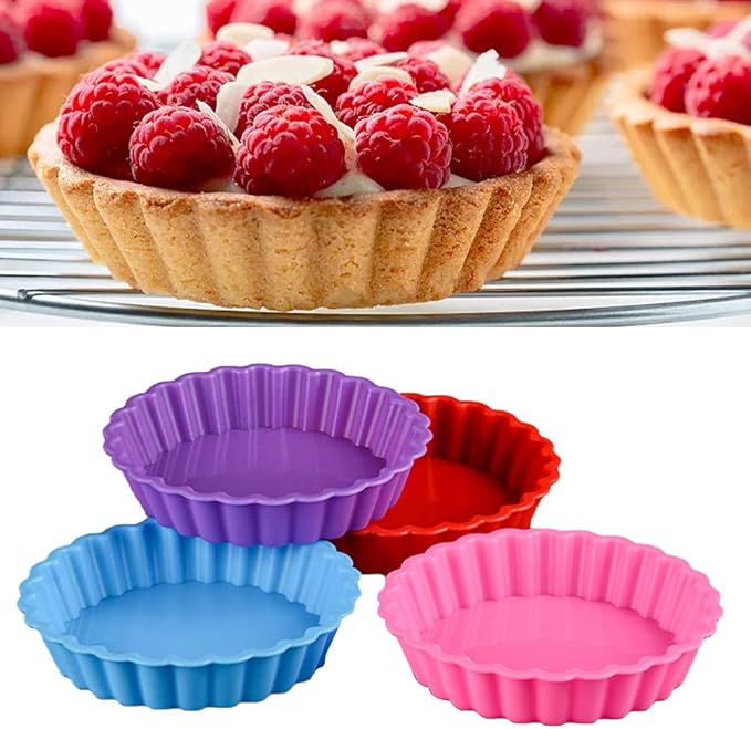 Silicone Quiche Pan, 8 Pack Silicone Tart and Pie Molds, Round 4 Inch Non-stick Mini Quiche Molds Small Pie Baking Pan Tart Molds DIY Baking Pies/Tarts/Mousse Cakes, Random Color