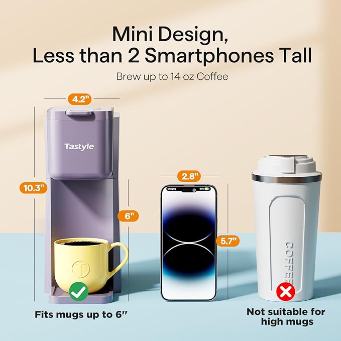 Tastyle Mini Hot and Iced Coffee Maker Single Serve, for K Cup and Ground, 6 to 14 Oz Brew Sizes, with Recipe Book, for Home, Travel, RV, Office and Dorm, Violet