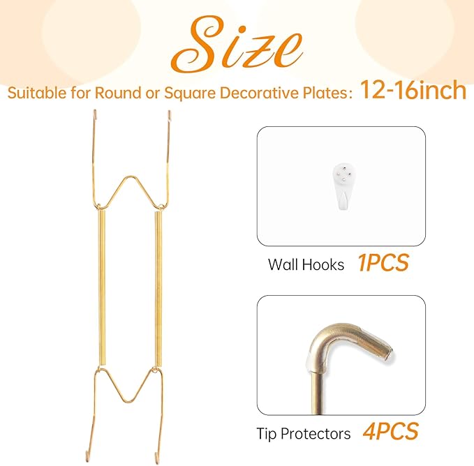 Plate Hangers for The Wall, Suitable for 12-16 inch Decorative Plate, Stainless Steel Wire Plate Holder with Wall Hooks and Rubber tip Protectors, Plate Hangers for Displaying Plates, Platter, Gold