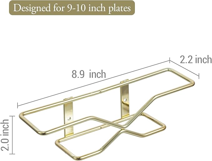 MyGift Deluxe Wall Mounted Brass Tone Metal Wire Vertical Hanging Plate Holder Rack, Decorative Modern Minimalist Hangers for 10 Inch Collectible Plates, Set of 2