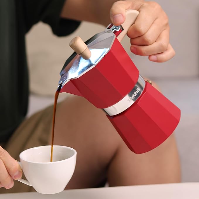 Sivaphe Aluminum Moka Pot 3 Espresso Cups, Percolator Espresso and Coffee Maker, Portable Stovetop Italian and Cuban Café Brewer for Home and Camping Red