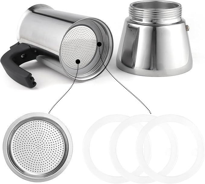 Sivaphe Replacement 4 Cup Moka Pot Infuser Parts for Stainless Steel Italian Stovetop Espresso Coffee Maker, 1 Coffee Filter and 3 Silicone Gasket Seals