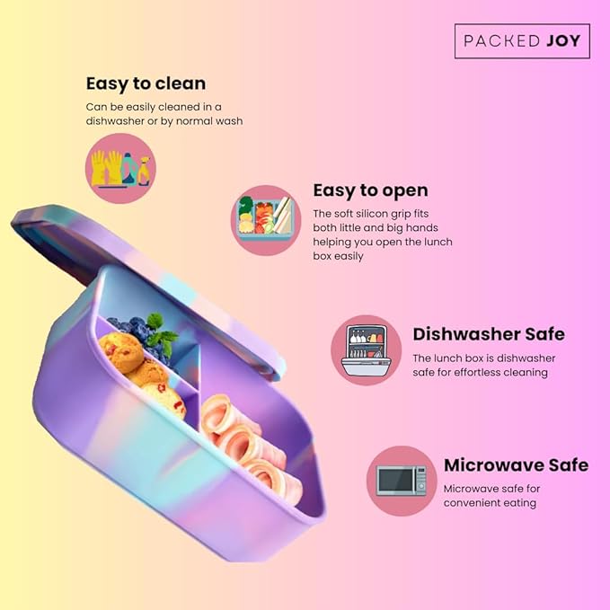 Silicone Lunch Box for Adults & Kids, 40oz Bento Box | 3 Compartments, Leak-Proof Design, 100% Food-Grade Silicone | Microwavable & Portable For All Occasions (5.7x8.5in, Purple)