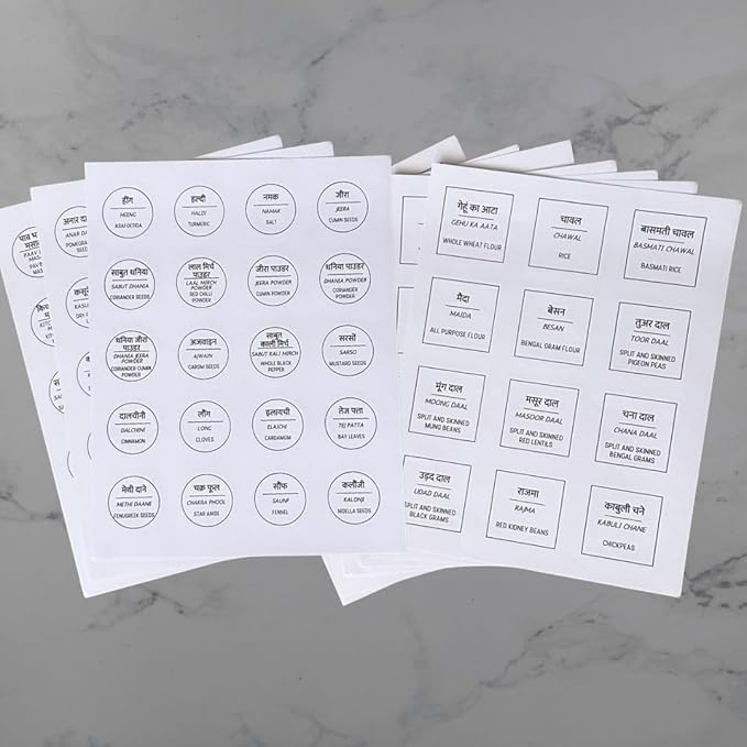 136 Printed Indian Hindi Bilingual Plus 40 Blank Kitchen Pantry Labels, Minimalist, Waterproof, Dishwasher-Safe, Easy to Remove and Re-Stick