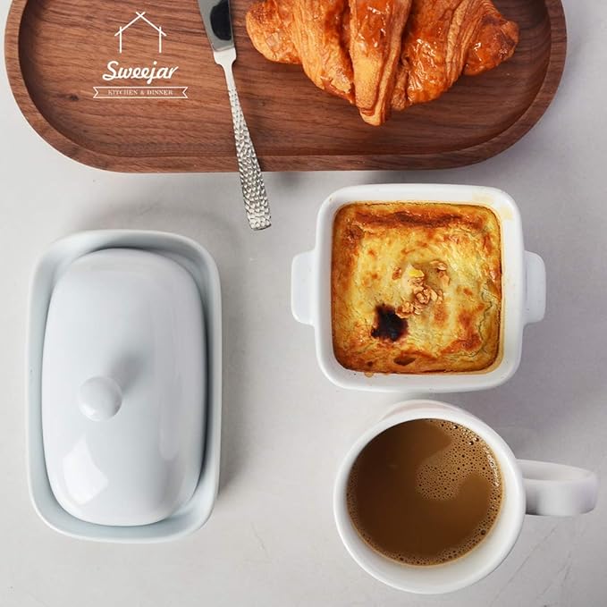 Sweejar Ceramic Butter Dish with Lid for Countertop,Porcelain Butter Keeper with Knob Handle,Butter Container for East/West Coast Butter and Porcelain Teapot with Removable Stainless Steel Infuser