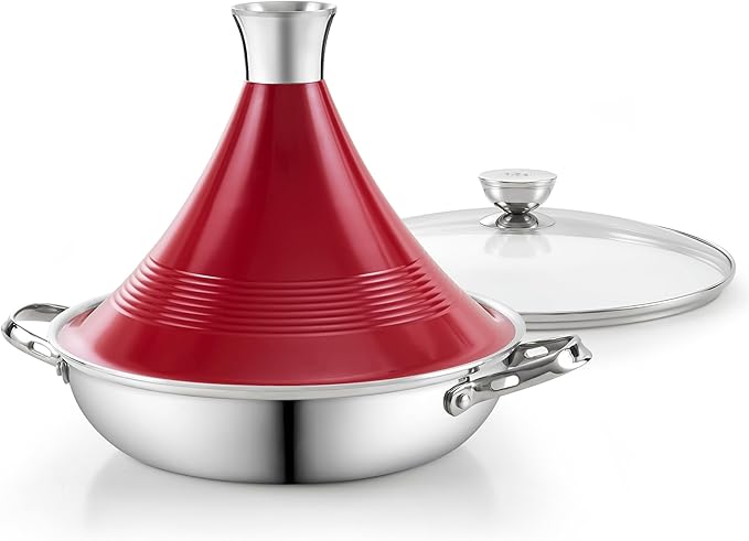 DM Tagine Pot, 11 Inch 3.6 Quart Moroccan Clay Tagine Pot Alternative, Multi-Ply Clad Stainless Steel, Traditional Cooking Pot with Die-Cast Aluminum Red Conical Lid and Stainless Steel Knob