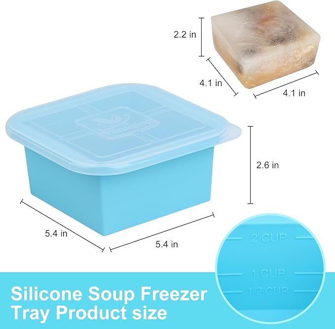 Silicone Freezer Tray with Lid 2 Pack Silicone Freezer Molds Ice Cube Tray Makes 2 Perfect 2 Cup Portions Soup Cubes Meal Prep Containers- Oven & Dishwasher Safe