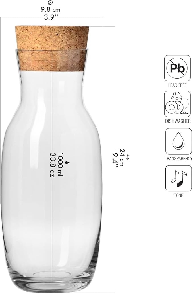 Krosno Water,Lemondade,Juice,Wine Carafe with Cork Stopper, 33.8 oz,Pure Collection, Fridge Safe, Made in Europe