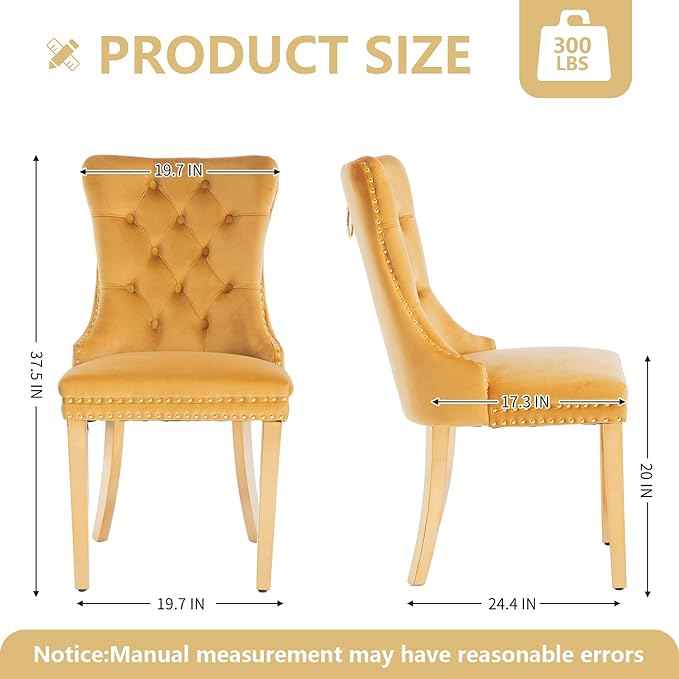 Gold Velvet Dining Chairs Set of 2, Kitchen & Dining Room Chairs, Tufted Upholstered Dining Room Chair, Back Ring Pull Trim, Golden Stainless Steel Legs, Gold