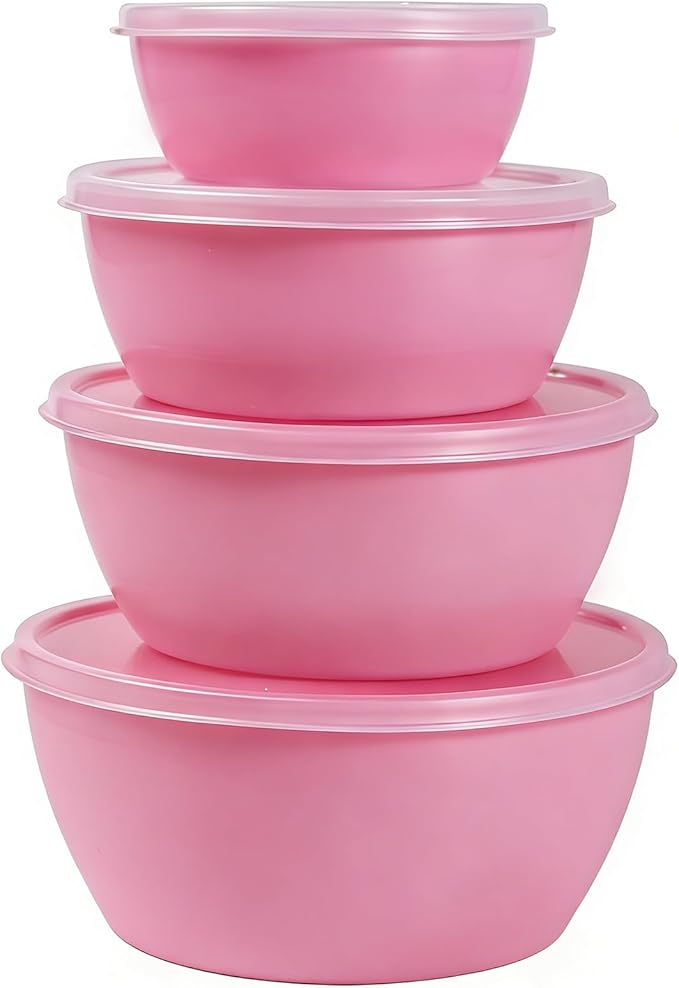 4-Piece Classic Plastic Prep Bowls with Lids, Nesting Plastic Small Mixing Bowl Set for Mixing, Baking, Prepping, Cooking and Serving Food, Microwave and Dishwasher Safe (Pink)