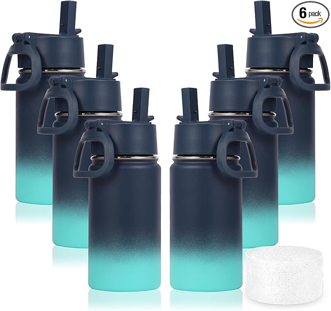 Volhoply 14oz KIds Water Bottle with Straw Lid and Silicone Boot Bulk 6 Pack,Stainless Steel Insulated Bottles for Boys & Girls Multipack,Double Wall Vacuum Leakproof Bottles(Blue Green,6)