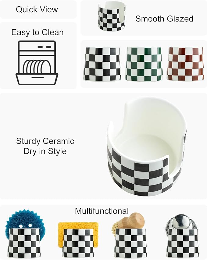 Checkered Kitchen Sink Sponge Holder, Dish Sponge Rack Ceramic Brush Holder Farmhouse Kitchen Drying Rack for Brush, Scrubbers, Bathroom, Sink, Black and White