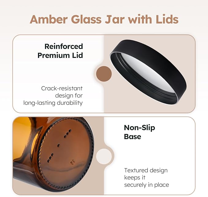 8 oz Amber Glass Jars with Lids, 12 Pack Amber Small Glass Jars with Black Lids, Lotion Container Empty Cosmetic Travel Containers for Sample, Cream, Lotion, Honey, Powder