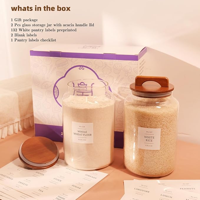 2 Pack Large Glass Flour and Sugar Containers with 132 Pantry Labels - 1 Gallon Glass Canisters with Bamboo Airtight Lids - Farmhouse Glass Cookie Jars for Rice, Pasta, Cereal, Bath Salt