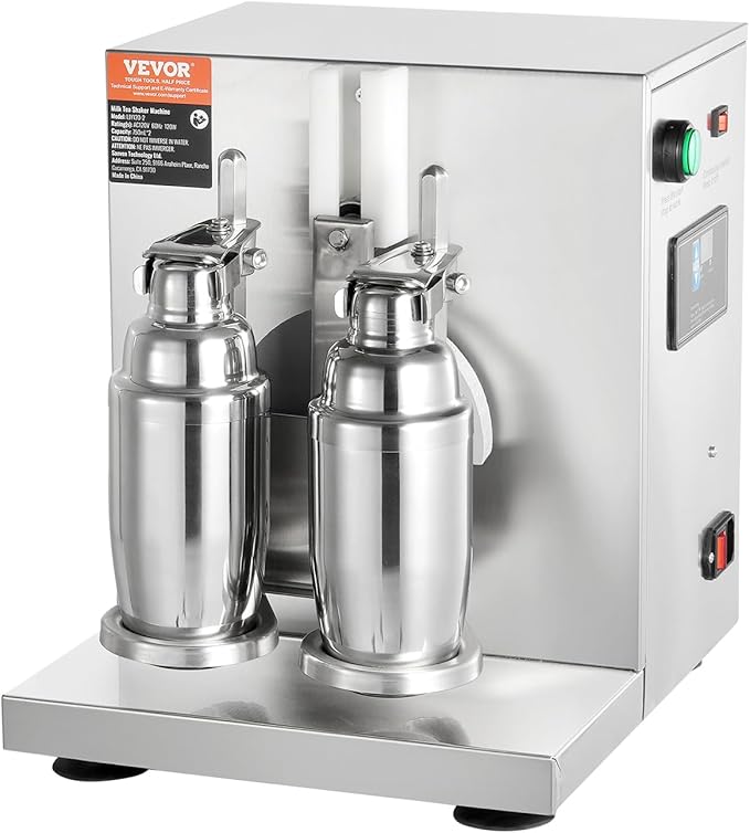 VEVOR Milk Tea Shaker, Electric Double Frame Milk Tea Shaker Machine, 0-180s Adjustable Milk Shake Mixer Machine with Double 750ML Stainless Steels Cups for Bubble Tea Boba Tea Juice Coffee Milk Wine