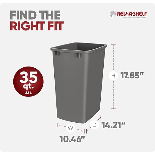 Rev-A-Shelf Polymer Replacement 35 Quart Trash Bin Recycle Waste Garbage Container for Kitchen Cabinet Pullouts, Gray, 2 Pack, RV-35-13-2
