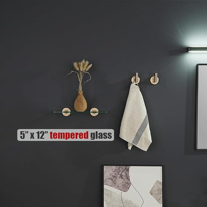 JQK Bathroom Glass Shelf, Tempered Glass Shower Storage 12 by 5 inches, 304 Stainless Steel Champagne Bronze Wall Mount 2 Pack, TGS101L12-CB-P2