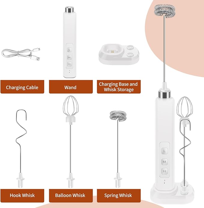 Rechargeable Milk Frother Handheld with 3 Detachable Stainless Whisks, 3 Speed Adjustable Drink Mixer, Mini Frother Wand for Coffee, Matcha, Protein Shakes, with Charging Base and Whisk Storage