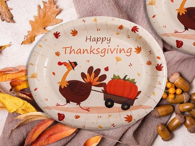 WDF 50Pack Thanksgiving Oval Plates Paper - 10" x 12" Happy Thanksgiving Plates Disposable Dinner Autumn Fall Harvest Party Supply - Turkey Thankful Pattern
