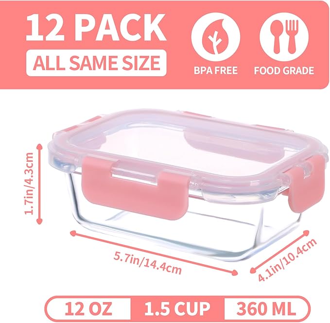GULFLIN Small Glass Food Storage Containers 12 Pack-12oz Glass Containers with Lids for Meal Prep, Food Storage, Freezer to Microwave Safe, Air-Tight, Leak-Proof, Pink Set