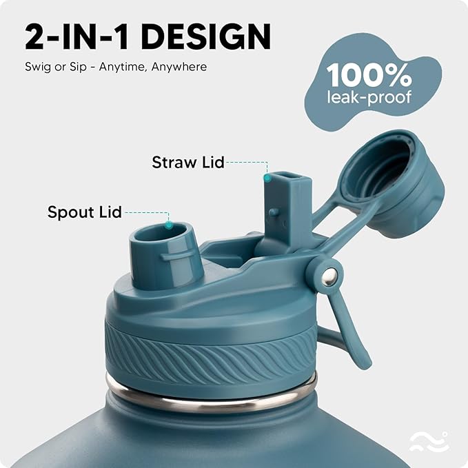 Swigina [2-IN-1 LID] Gallon Insulated Water Bottle with Silicone Boot (48hrs Cold/24hrs Hot) - DIY Stickers, Leakproof, BPA Free, 128 oz