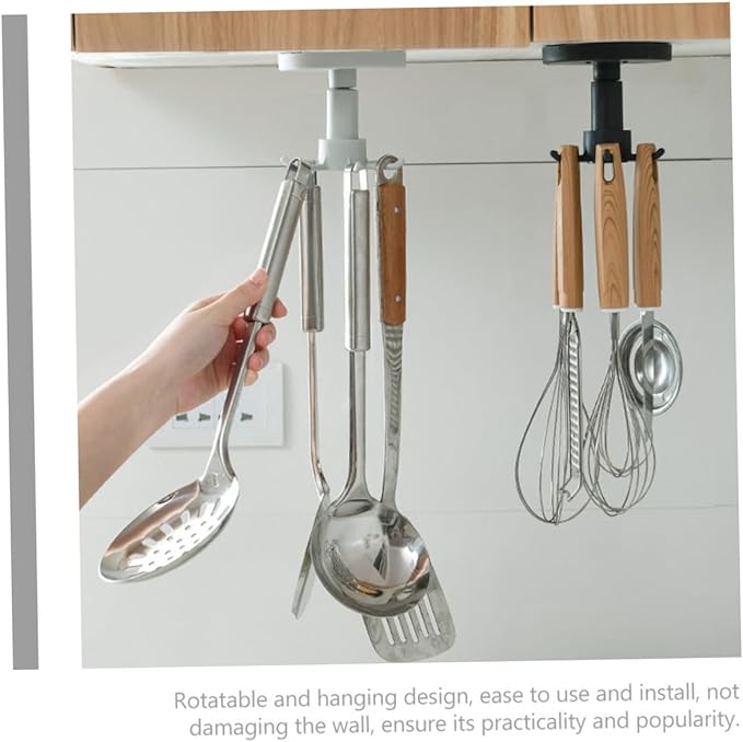 SUPVOX 3pcs Rotating Hanging Utensil Hooks Kitchen Utensil Holder Nail-Free Under Cabinet Storage Rack Black for Kitchen Organization