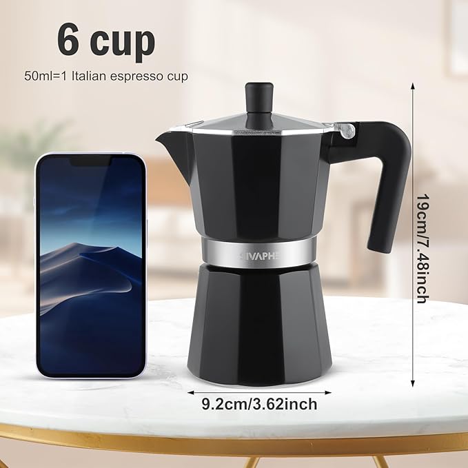 Sivaphe Aluminum Moka Pot 6 Espresso Cups, Percolator Espresso and Coffee Maker, Portable Stovetop Italian and Cuban Café Brewer for Home and Camping Black