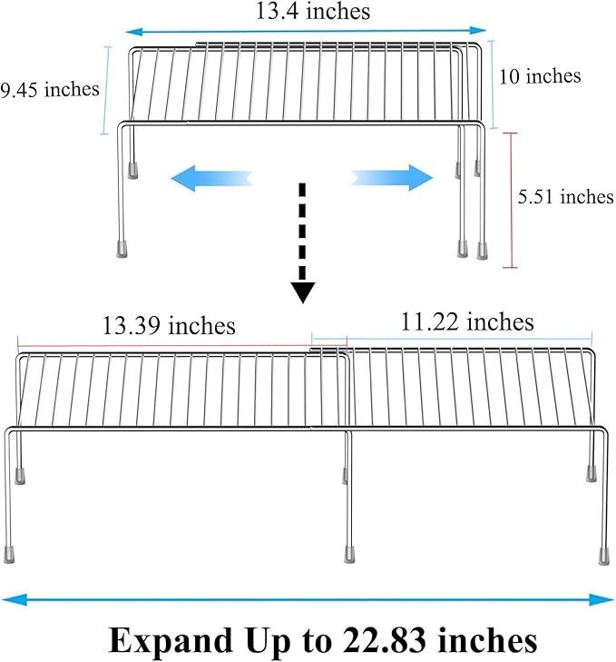Kitchen Cabinet Expandable Shelf Organizers Set of 2, Adjustable Metal Wire Pantry Storage Shelves, Plate Dish Organizer Rack for Cabinets, Cupboard, Counter, Freezer, Countertop, Chrome