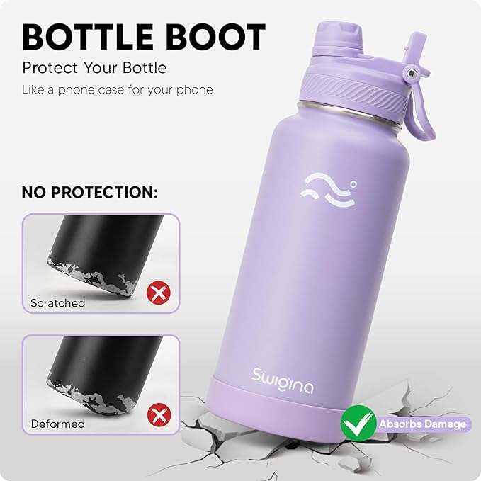 Swigina [2-IN-1 LID] Insulated Water Bottle with Silicone Boot (36hrs Cold/18hrs Hot) - DIY Stickers, Leakproof, BPA Free, 32 oz
