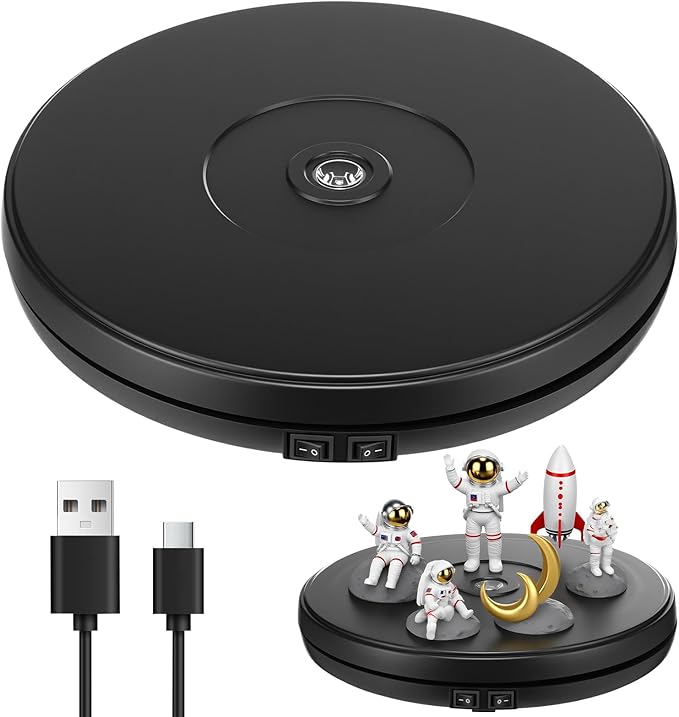 Tuanse 10 Inch Electric Motorized Rotating Turntable Cup Display Stand with LED, 44 lb Centric Loading for Table, 360 Degree Product Display Stand for Shop Jewelry Photography Video(Black)