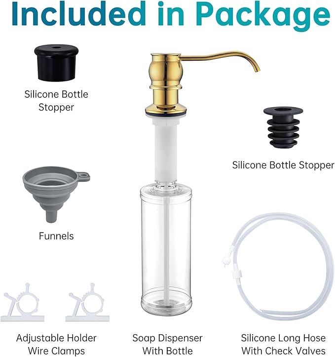 Brass Kitchen Soap Dispenser,Gold in Sink Liquid Dish Soap Dispenser, Under Sink Hand Metal Dispenser Pump, 47.2" Silicone Long Tube for 0.79 "- 1.38" Bottle Mouths