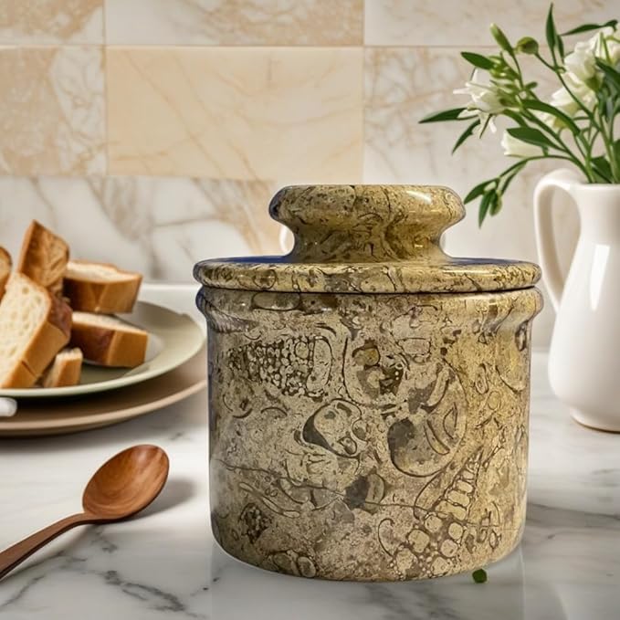 Butter Crock with Lid Butter Keeper Best French Butter Keeper for Home Decorative Butter Pot Christmas Housewarming Gifts (Fossil Coral, 4x4)