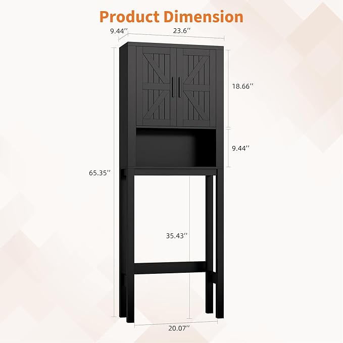 IDEALHOUSE 23.6 Inches Wide Toilet Rack with Over The Toilet Storage Cabinet, Bathroom Shelf Organizer with Anti-Tip Device, Small Freestanding Space Saver with Adjustable Shelf (Black 23.6" W)