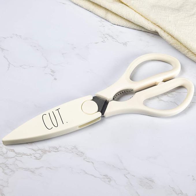 Rae Dunn Kitchen Scissors- Stainless Steel Kitchen Shears, Cooking Scissors for Cutting Meat, Chicken, Herbs and Produce with Blade Cover and Soft Grip Handles(White)