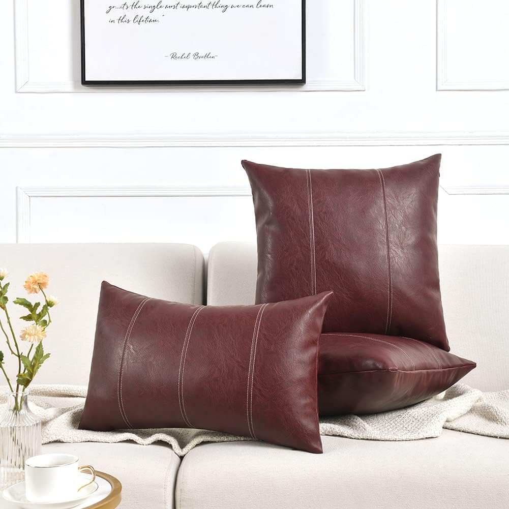 Fancy Homi Burgundy Long Lumbar Faux Leather Decorative Throw Pillow Covers 14x24 Inch for Outdoor Couch Bed, Modern Farmhouse Boho Home Decor, Wine Red Hand Stitched Cushion Case 35x60 cm