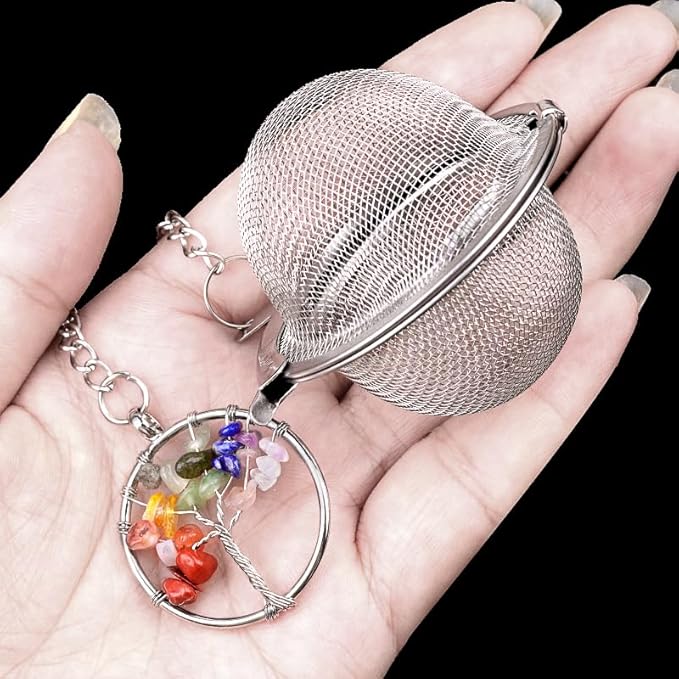 5 Pcs Tea Filter Stainless Steel with Life Tree Crystal Energy Stone Tea Strainers with Fine Mesh Extend Chain Hook Tea Ball Infuser for Loose Tea Leaves Spices Seasonings